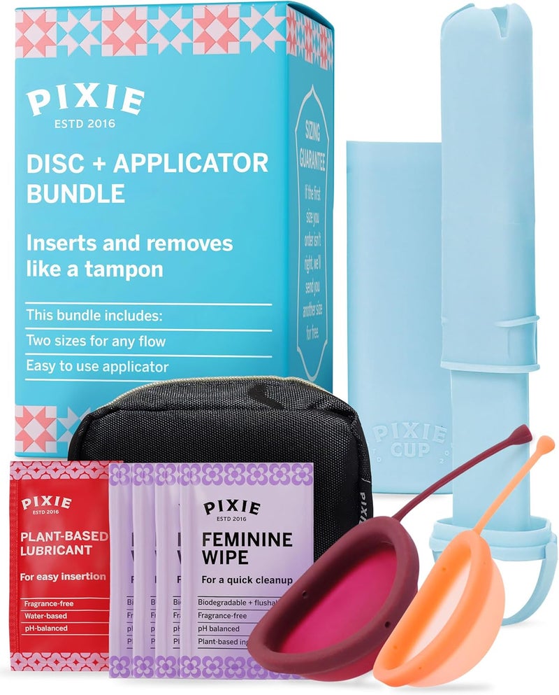 Pixie Cup - 100% Medical-Grade Silicone - Softest Reusable Period Disc - Inserts and Removes Like a Tampon - Capacity of 5 and 7 Tampons (Disc + Applicator Bundle) - Image 1